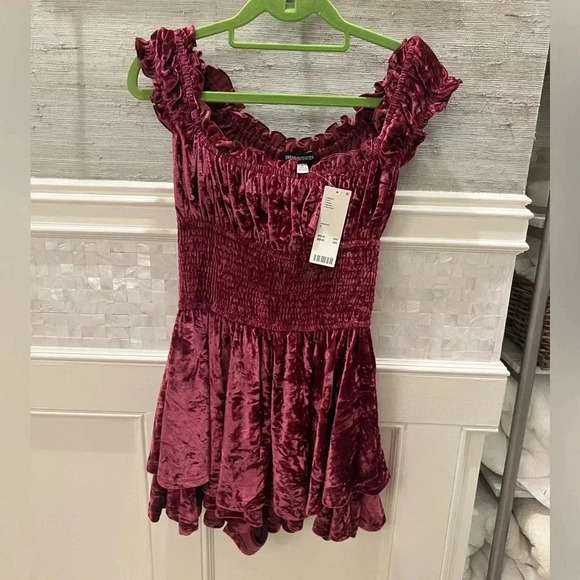 NWT new Urban Outfitters velvet romper SMALL red wine ruffle strap smocked dress - Picture 7 of 17